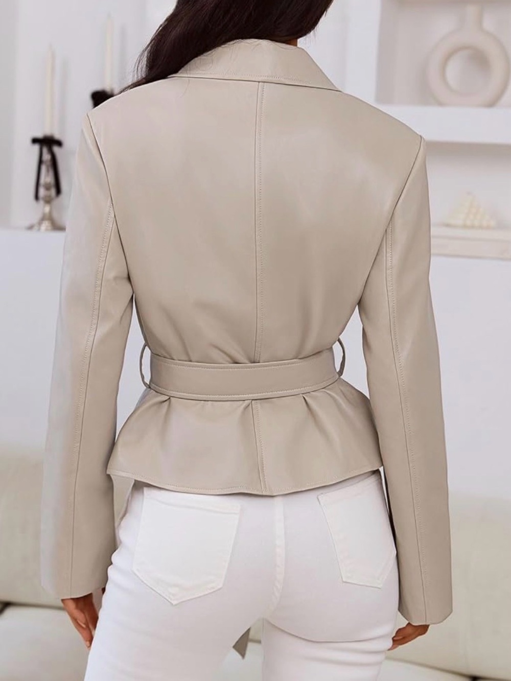 NEVER WORN - Women's Faux Leather Blazer Jacket - Contemporary Belted Coat - Picture 3 of 6